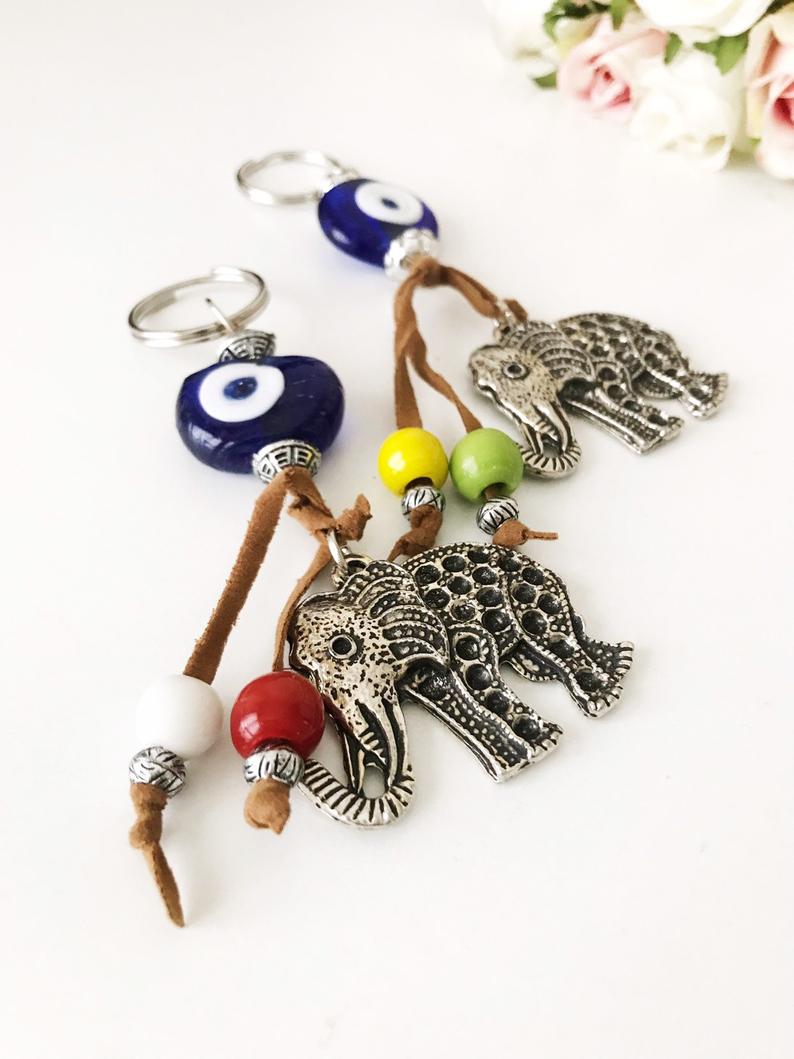 Blue evil eye good luck keychain, elephant, owl keyring