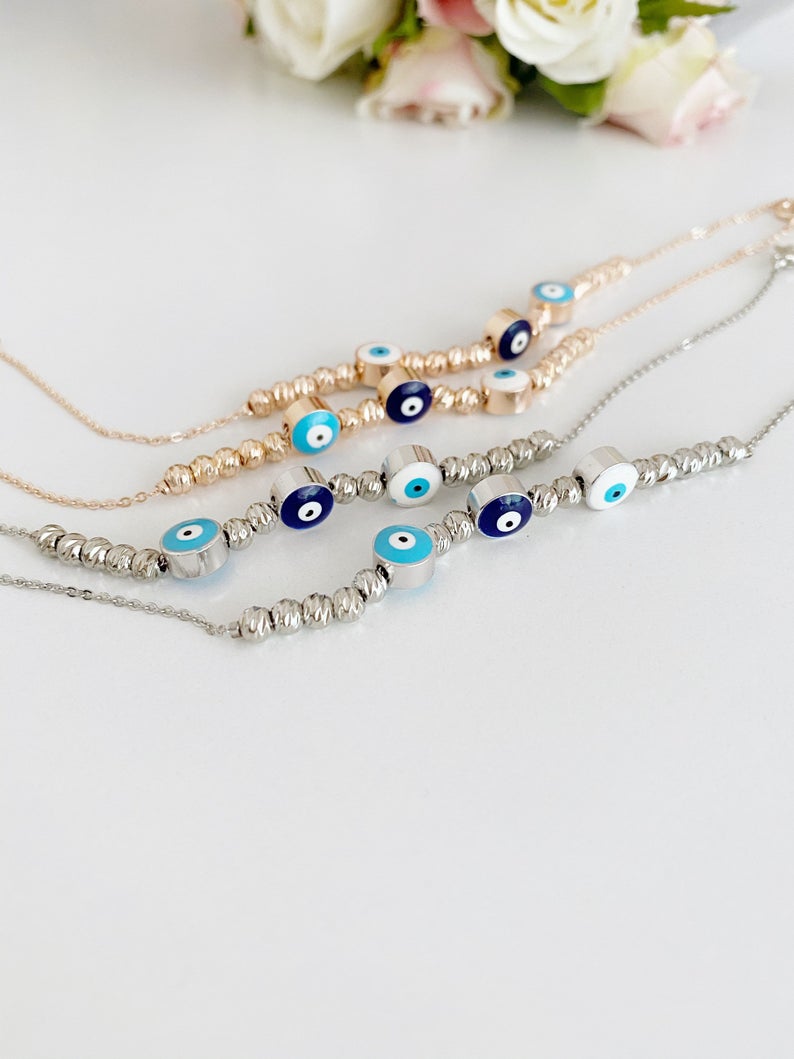 Evil Eye Ankle Bracelet, Rose Gold Silver Anklets, Turkish Evil Eye