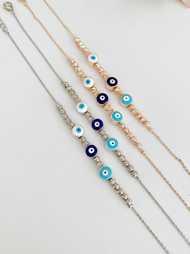 Evil Eye Ankle Bracelet, Rose Gold Silver Anklets, Turkish Evil Eye