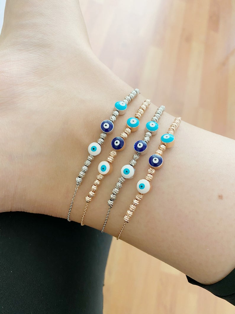 Evil Eye Ankle Bracelet, Rose Gold Silver Anklets, Turkish Evil Eye