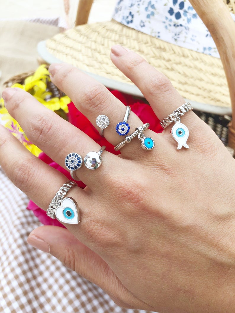 Adjustable Evil Eye Rings, Silver Rings, Zircon Charm Ring, Blue Evil