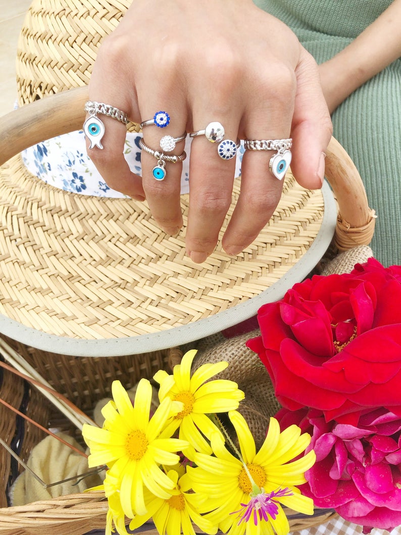 Adjustable Evil Eye Rings, Silver Rings, Zircon Charm Ring, Blue Evil