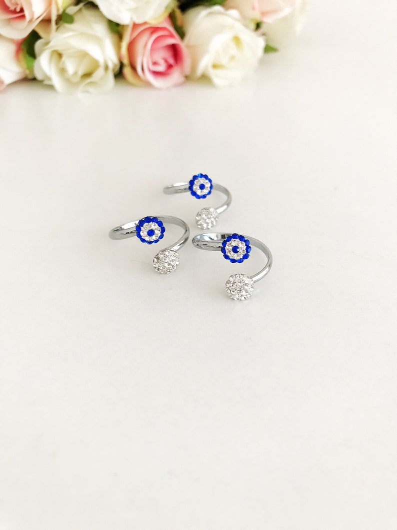 Adjustable Evil Eye Rings, Silver Rings, Zircon Charm Ring, Blue Evil